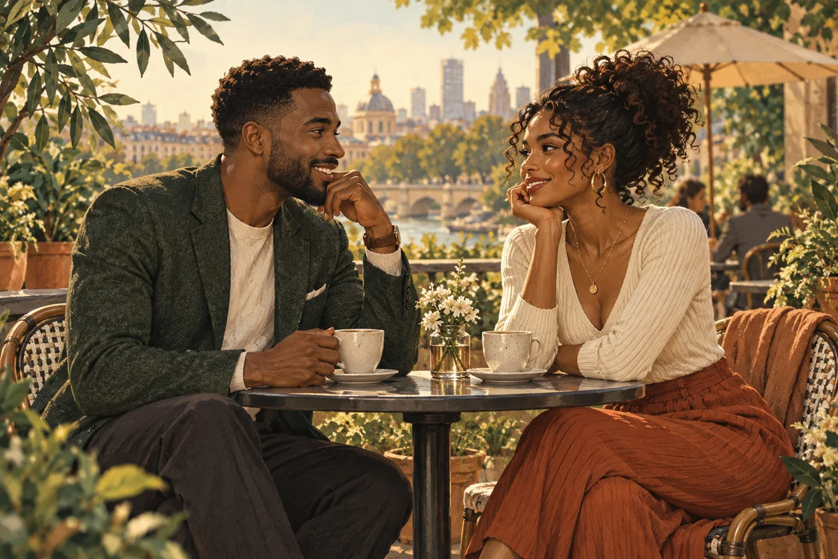 Illustration of two Black adults talking over coffee on a leafy cafe terrace